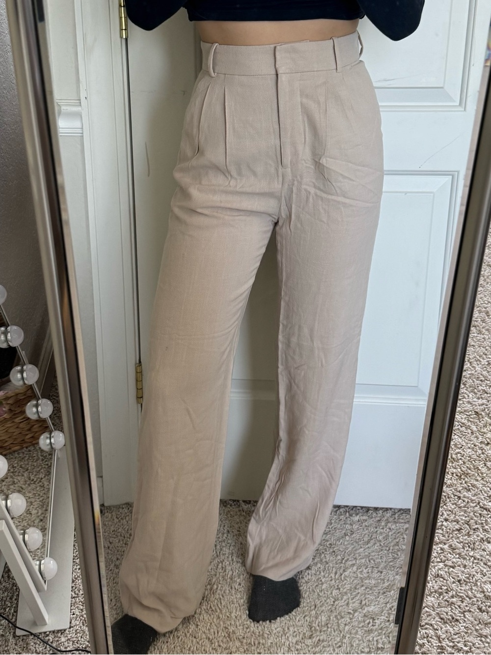 High-Waist Wide-Leg Beige linen Trousers